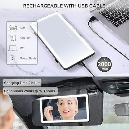 LED Car Vanity Mirror with Lights | Rechargeable Sun Visor Makeup Mirror | 3 Light Modes, 80 LEDs, Dimmable Touch Control, Universal Fit for All Cars